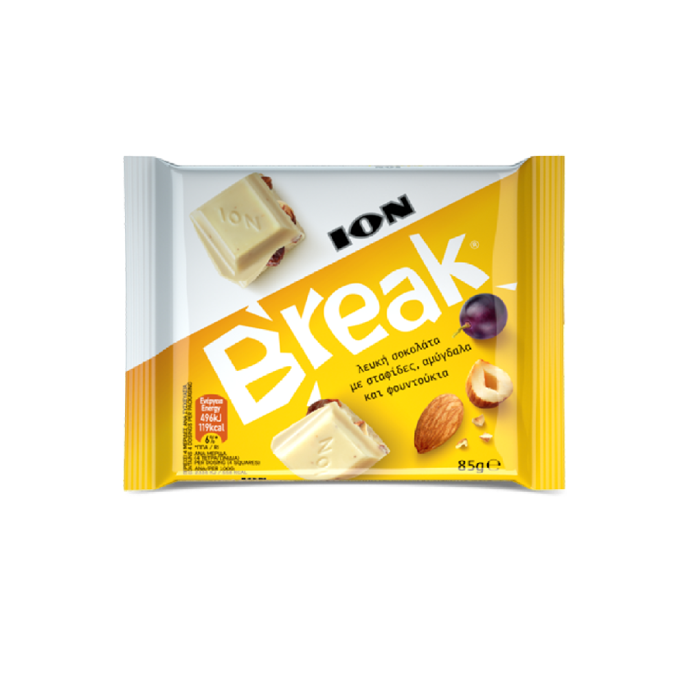 ION Break weiße Schokolade mit Rosinen, Mandeln und Haselnüssen 85g